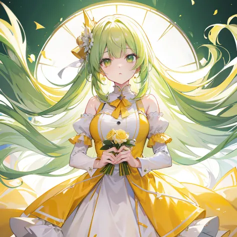 Long cream green hair，Wear a yellow and white cheese suit，Elegant and dignified girl