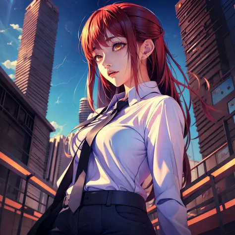 girl in front of cyborg city, blue sky, Smooth Anime CG Art, red hair, Soft lighting, 4k anime wallpaper, Anime art wallpaper 8k, Cute anime girl, energic poses, white shirt with tie, wet clothes, genius, Her eyes are yellow, makima, lightning