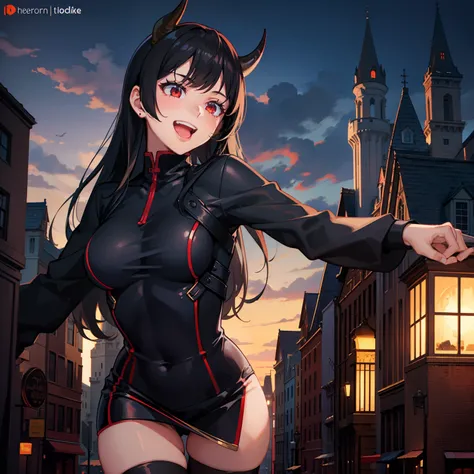 Girl, solo, horns, sexy, black hair, smiling, tight clothes, laughing, standing, red eyes, cute, castle on the background,