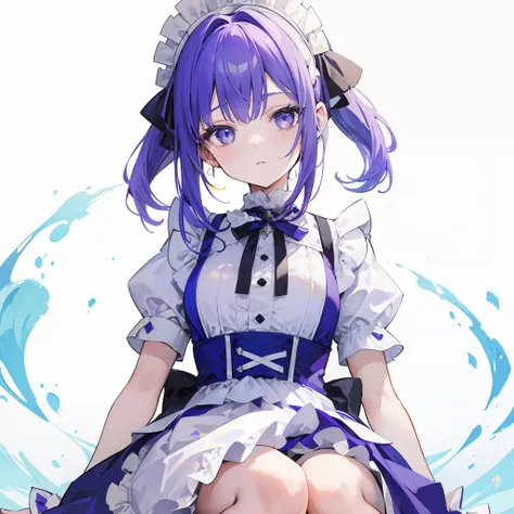 Girl with short purple and yellow hair，Wearing a maid outfit in powder, blue and white，It looks very elegant, cute and cute