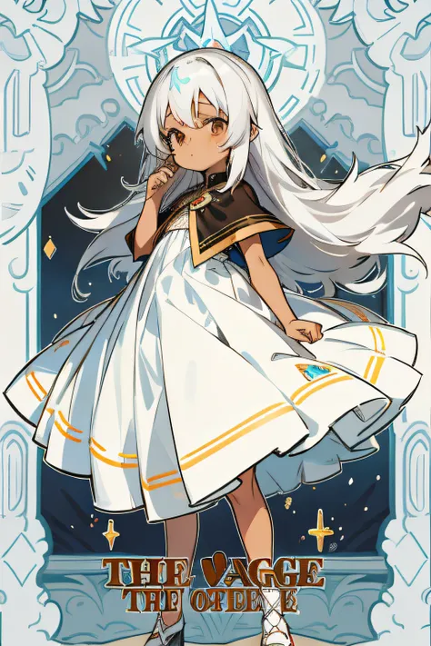 Long-haired little loli，Brown skin，Has long silver-white hair，This is a six-year-old girl，Wear a magic dress