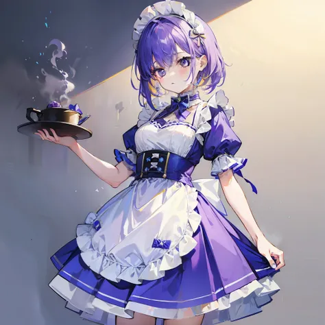 Girl with short purple and yellow hair，Wearing a powder maid outfit, Blue and white，Looks elegant, Cute and cute