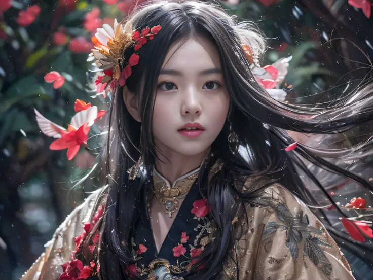 32K（tmasterpiece，k hd，hyper HD，32K）Long flowing black hair，Rockery，zydink， a color，  Xuzhou people （Seduce girls）， （Red scarf in the snow）， jumping posture，  long whitr hair， Floating hair， Carp pattern headdress， Chinese long-sleeved silver battle robe， （...