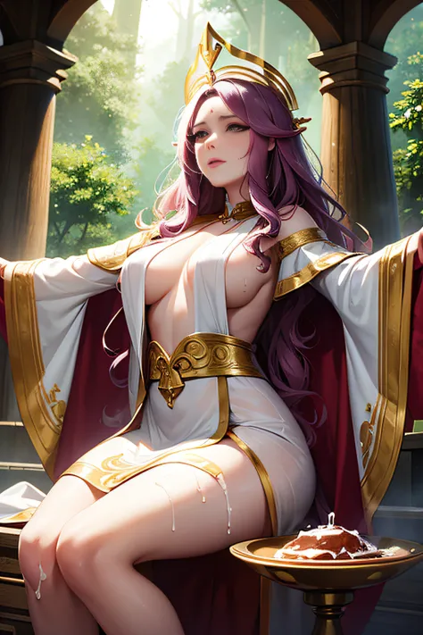 priestess of sex goddess, holding a bowl of cum above her head, outstretched arms, cum dripping on face, cum on face, wavy hair, detailed, wearing robes, in beautiful forest temple, wet