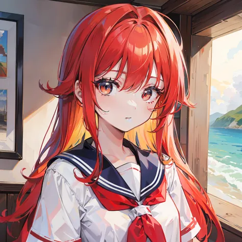 The red-and-yellow-haired maiden wore a sailor suit