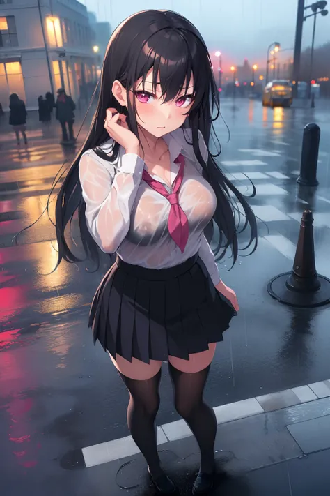 masterpiece, night city, rain, high quality, 1girl, wet clothes, raindrops, water puddles on street, sad expressions, tired, alone, wet, gyaru, black hair, pink eyes, school uniform, thighhighs, red bra, skirt, cute, princess crown, traffic signal, wide an...