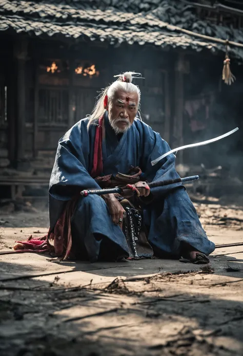 Man sitting on tattered floor, oldman, samurai blue clothers , angry, expression marks, Katana, Long white hair