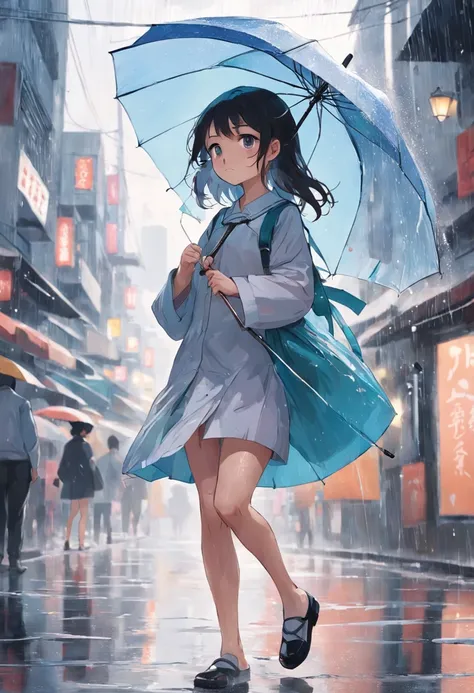 We can see a young girl，She wore a light dress，Carrying a small bag，The slender hair flutters with the breeze。She has a beautiful face，The eyes are clear and bright。

The girl was holding a special umbrella，This umbrella is transparent，Without any frills，T...