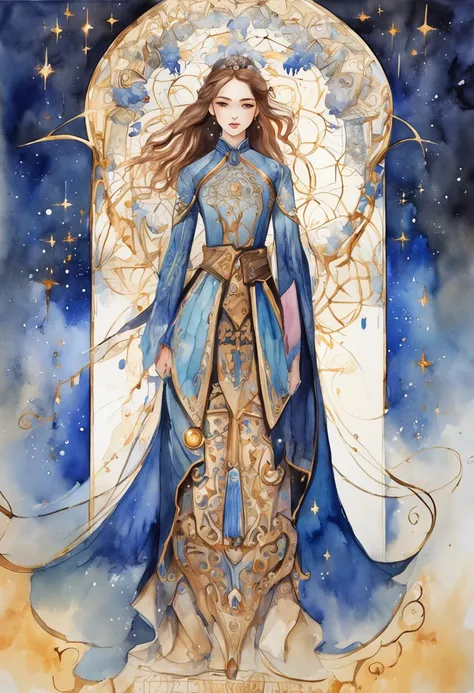 (masterpiece, top quality, best quality, official art, beautiful and aesthetic:1.2), girl, detailed face, long black hair, full body, blue shirt with high collar, violet corset, long blue skit, celestial, cosmic, extremely beautiful, high detailed, (galact...