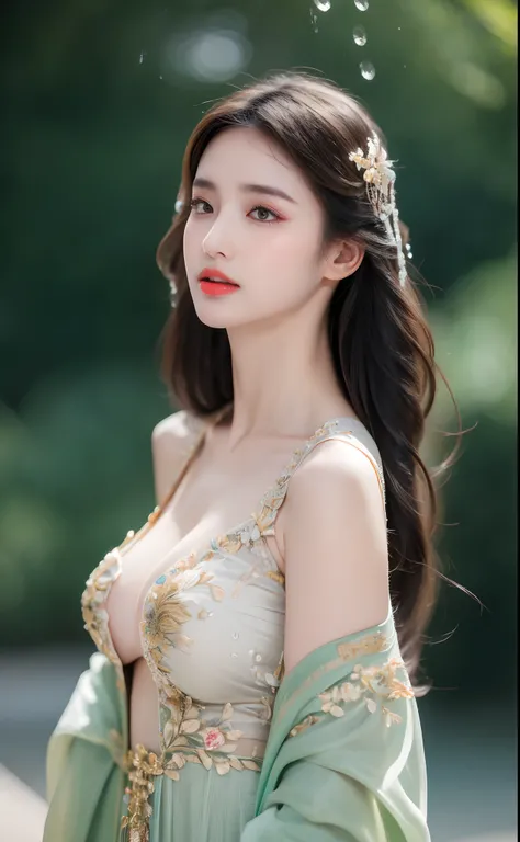 ((Best Quality, 8k, Masterpiece: 1.3)), Focus: 1.2, Perfect Body Beauty: 1.4, Buttocks: 1.2, ((Layered Haircut)), (Wet Clothes: 1.1), (Rain, Street:1.3), (Breasts: 1.2), (Hanfu: 1.2), Bare Shoulders, Bare Legs, Highly Detailed Face and Skin Texture, Fine E...