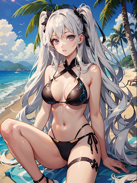 ((Best Quality)), (Ultra-detailed), ((Extremely detailed)), (Beautiful), ((Kawaii Girl)),(two side up hair).,Platinum Blonde Hair,Long hair, hair between eye, Wavy Hair, Long sideburns,Jade-colored eyes, White skin,Normal Chest,Slender body,Cross Halter Bi...