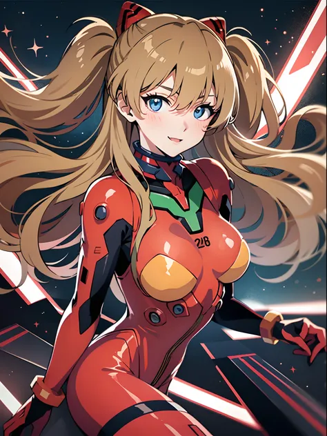 Shikiha Asuka Langre, ASUKA, Evangelion, her hair is a long blonde double ponytail, wearing a full red EVA pilots combat suit, high heels on her feet, tsundere girl, slender, juvenile, with almond-shaped sky blue eyes, long eyelashes, shiny lips, tsundere ...