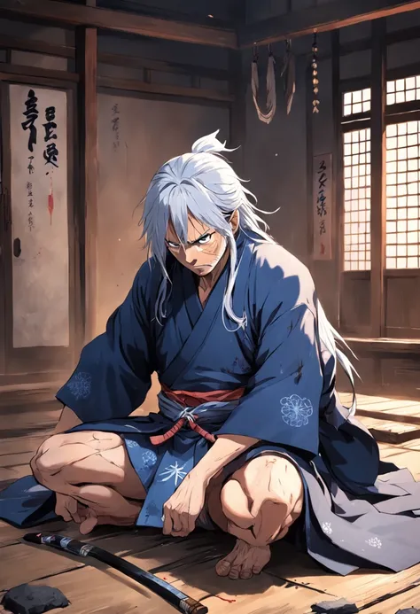 Man sitting on tattered floor, oldman, samurai blue clothers , angry, expression marks, Katana, Long white hair