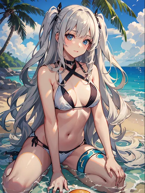 ((Best Quality)), (Ultra-detailed), ((Extremely detailed)), (Beautiful), ((Kawaii Girl)),(two side up hair).,Platinum Blonde Hair,Long hair, hair between eye, Wavy Hair, Long sideburns,Jade-colored eyes, White skin,Normal Chest,Slender body,Cross Halter Bi...