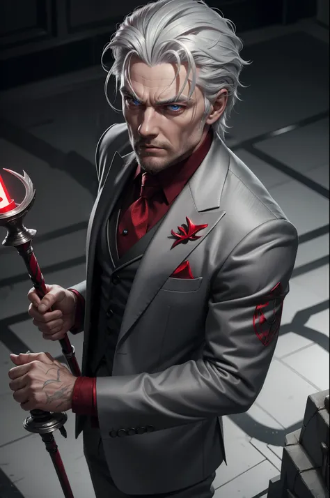 Man with silver hair, red tips, cocky, icy gray eyes, black suit, red accents, cinematic pose, cinematic angle, fancy cane, red sigil on suit, (detailed face:1.2), (detailed eyes:1.2)