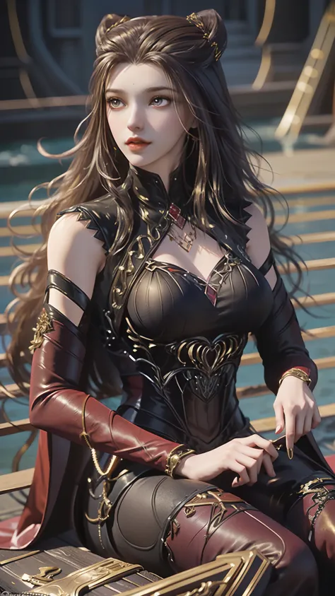 The Araved woman in a dress sits on a red bench by the water, a photorealistic painting inspired by Magali Villeneuve, cgsociety contest winner, Fantasy art, wearing gilded red robes, lady in red armor, wearing gilded red royal robes, Gorgeous Role Play, s...