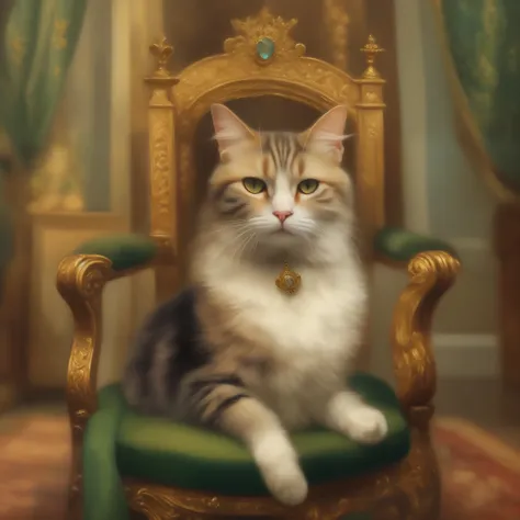 cat on an elegant chair in the room、heavy oil painting style、portrait as in a nobleman's mansion、the portrait depicts the queen ...