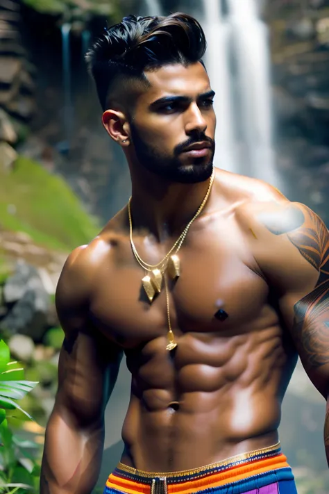 fking_scifi, fking_scifi_v2, portrait of a young, muscular extremely handsome and attractive Brazilian male model, in front of a waterfall, short windy hair, hairy tattooed body, colorful clothing and golden jewelry, close up, regal pose and attitude. fkin...