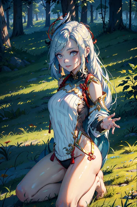 Masterpiece,Best quality,offcial art,Extremely detailed Cg Unity 8K wallpaper,1girll, 超高分辨率, (Photorealistic:1.4), 1girll， perfect hand，delicated，Chest moles，White color hair，Sweaters，long sweater，Tight sweater，cleavage，Bright，grassy fields,（Very small nos...