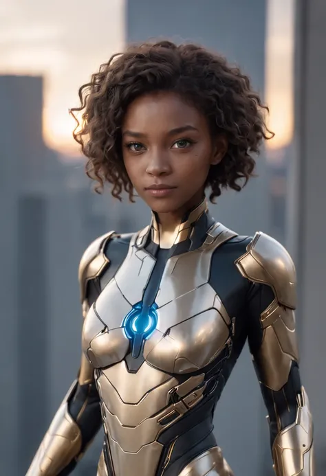 Only [1 Black Female, Curly Hair, African Ethnicity, Standout Light Blue Eyes], wearing Spider-Man Costume + Cybernetic Armor, Black with Gold Parts, Curly Hair, Very Short Hair, Very Mecha Suit, Blue Eyes , his eyes looking directly at the viewer with shy...