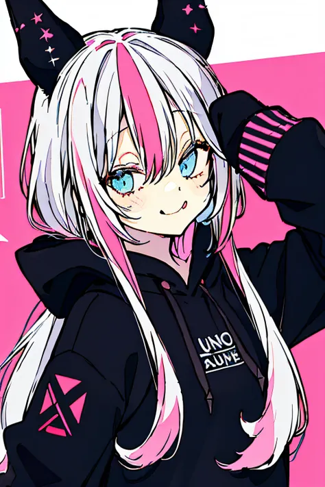 1girl, solo, hood, blue eyes, tongue, tongue out, long hair, long sleeves, bangs, hood up, black hoodie, arm up, upper body, mul...