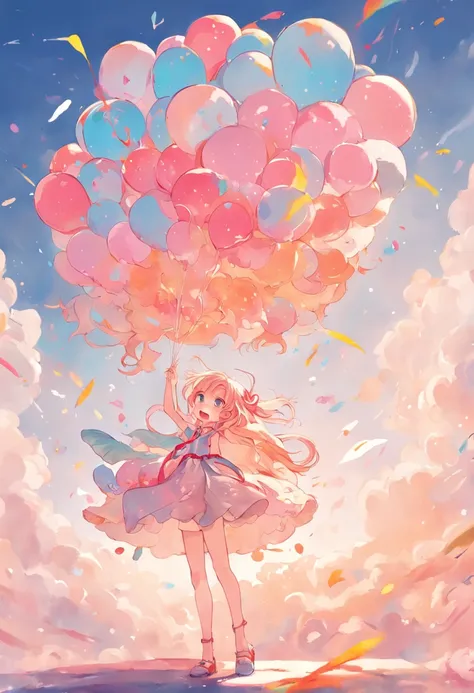 The work is a bright and exaggerated two-dimensional illustration。The background is a warm summer afternoon，The sky is blue and cloudless，The bright sun casts a bright and warm glow。

In the center of the picture，There is a cute maiden character standing o...