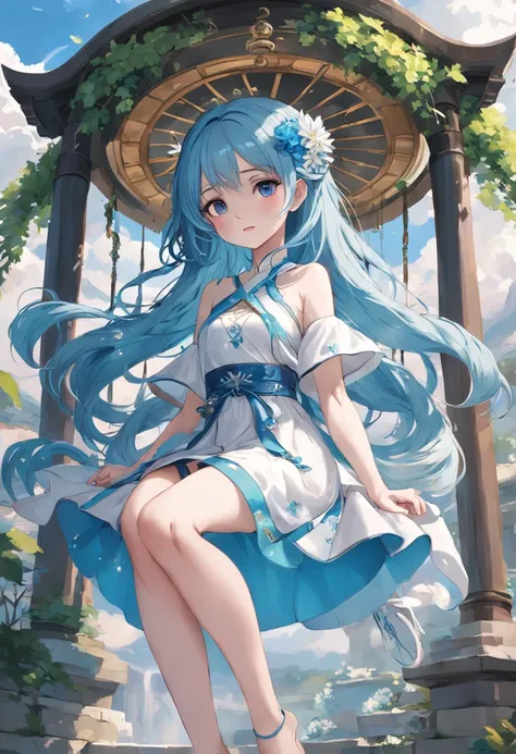 （in a panoramic view，Whole body diagram：1.5），（1 delicate girl playing on the swing），（Vine swing，Anime girl with blue hair and white dress with flower crown，palaces，hanfugirl），（Guviz-style artwork，Guvitz，inspired by Leng Mei，A beautiful fantasy queen，Inspir...