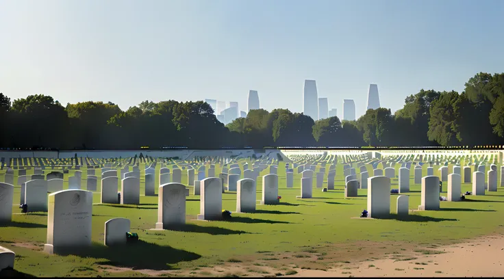 Real cinematic footage，Large panoramic shooting，In the foreground is a silent cemetery，Tombstones made of white marble are erected，In the distance, the city of the future is full of technology，There are some faint lights at night，A tall young man，Silently ...