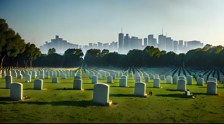 Real cinematic footage，Large panoramic shooting，In the foreground is a silent cemetery，Tombstones made of white marble are erected，In the distance, the city of the future is full of technology，There are some faint lights at night，A tall young man，Silently ...