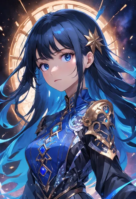 (masterpiece, top quality, best quality, official art, beautiful and aesthetic:1.2), girl, detailed face, long black hair, full body, blue shirt with high collar, violet corset, long blue skit, celestial, cosmic, extremely beautiful, high detailed, (galact...