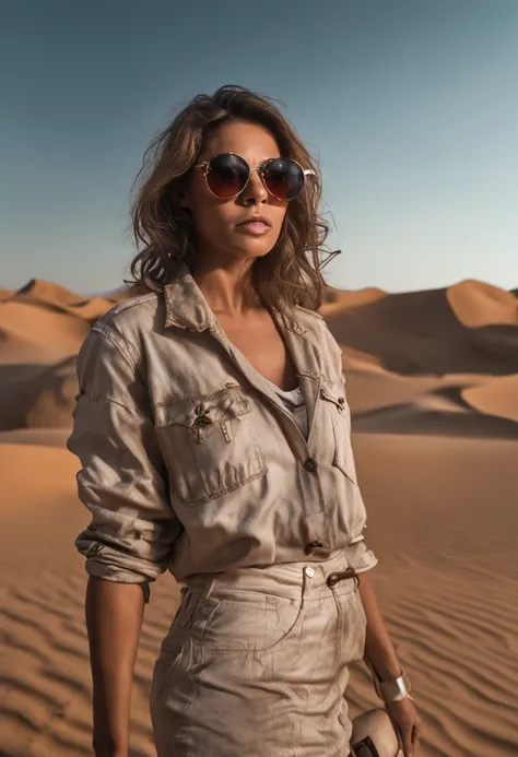 Foto de mulher bonita no deserto realista estilo retrato super detalhado, transparent sunglasses, detailedfacialfeatures, termografia, seco, Heat-exhausted cityscape, Metal Etéreo Ian, Olho - Detalhe Atraente, Perca os detalhes em um piscar de olhos,