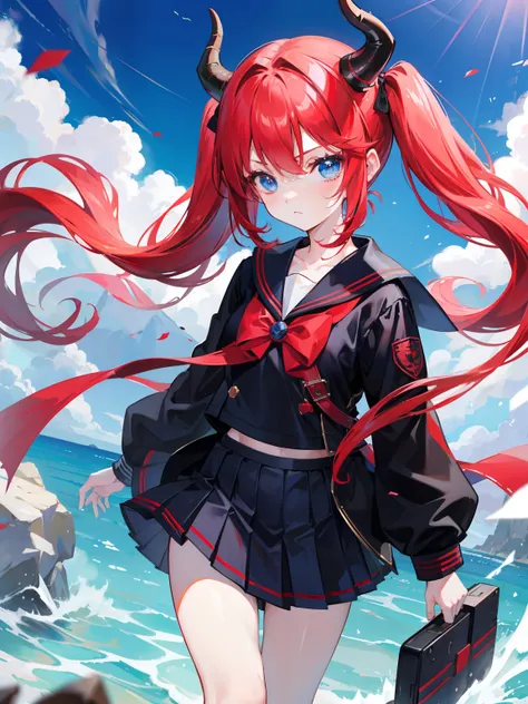 red hair, blue eyes, twintails, Sailor suit,black coat, Dragon horns,Pleated skirt,solo,loli,cute,bow