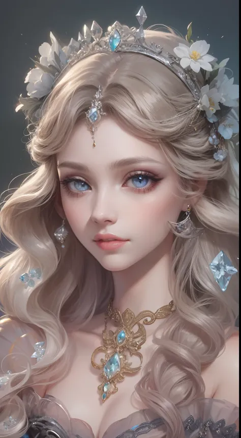 tmasterpiece，Highest high resolution，Dynamic bust of beautiful aristocratic maiden，Brown chestnut hair is elegantly coiled，Purple clear eyes，The hair is covered with beautiful and delicate floral craftsmanship, Crystal jewelry filigree，Ultra-detailed detai...