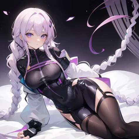 light violet hair，Twist braids，She wore a tight flight suit decorated with gold, Black and white，Over-the-knee black stockings，She is a beautiful girl，Looks good