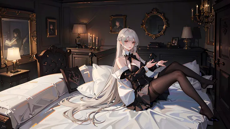 Gothic style red wall，Black pillow，red long skirt，[Red bedroom:3]，Black sheets correct for the limbs，Short shoulder-length white hair，waxy candles，Red bedroom，Black bed，Natural light，窗帘，Ambient(((Half naked anime girl lying on sofa undressing with her hand...