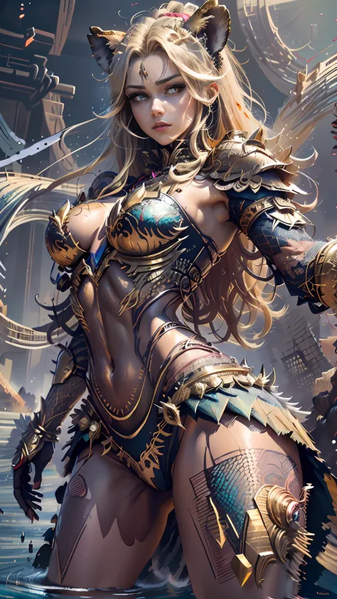 Tips: (Masterpiece), in full gold Knight armor, Top Quality, Expressive Eyes, Perfect Face, Red skin, Scales on Legs and Arms, Lion woman, water magic, Palm spell spell, 8k_wallpaper, highly detailed eyes, highly body  detailed, very detailed finger, (majo...