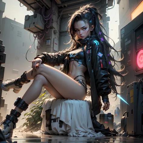 cybernized girl with cyberpunk prosthetics in single underpants, long hair, Spaceship inside, futuristic style, Sci-fi, hyper detailed, laser in center, laser from the sky, energy clots, photorealism, hyper realism, acceleration, light flash, speed, painti...