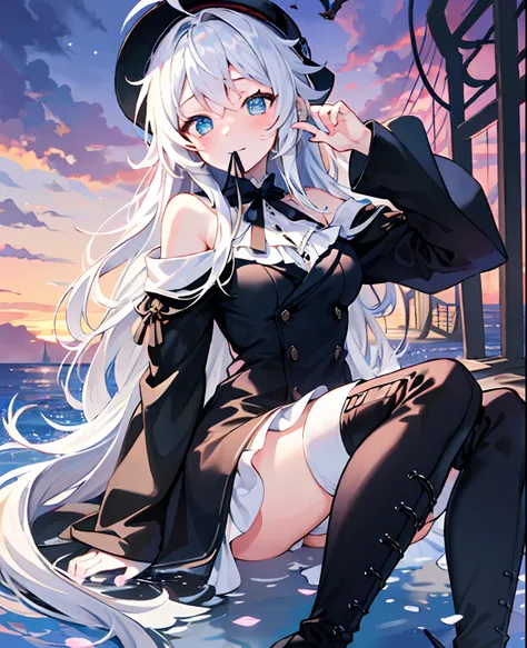 tmasterpiece， Best quality at best， against backlight at dusk， ahoge， Hair over the shoulder， long  white hair， Water-colored eyes， blush of nose， eBlue eyes， bucket-hat， cloaks， Gothic_Lolita， beret， hand_To_Mouth，thigh boots，Absolute realm，Seductive thig...