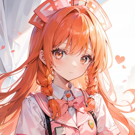 Long light orange hair，Pink bow，Fairy braids，Nurses uniform