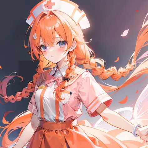 Long light orange hair，Pink bow，Fairy braids，Nurses uniform