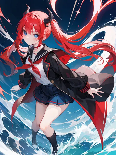 red hair, blue eyes, twintails, Sailor suit,black coat, Dragon horns,Pleated skirt,solo,loli,cute,bow