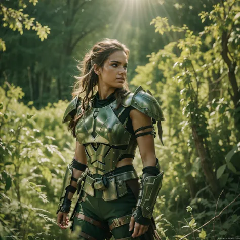 fantasy, photorealism, female warrior, tough suits, futuristic armor, piercing gaze, dynamic side view, post-apocalyptic landscape, ruined by nature, shades of green and brown, accent lighting, sun rays filtering in, 50mm focal length, Nikon Z7II, post-pro...