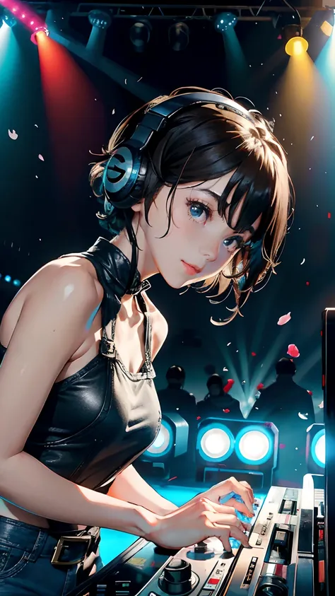 Beautiful short hair cute Chinese ultra modern girl DJ performance, Headsets，Twenty-two years old,(face round:1.3),A shallow shy smile,（large black eyes）,（Very detailed and perfect facial depiction）,(Short dark brown hair coiled:1.1),（A half body:1.2）, （DJ...