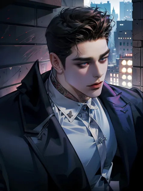 Mafia Noir Casino Gambling Bar Vampire dominant alpha gay couple macho sexy handsome demon adult men with tattoos big chest big abs slicked back hairstyle smoking red eyes charisma goth ((perfect face structure)) detailed stylized ((handsome male couple)) ...