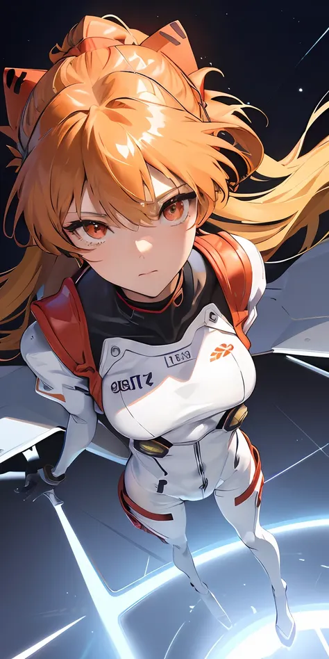 (Overhead view),dynamic angle,ultra-detailed, illustration, close-up, straight on, 1girl, 
 ((souryuu asuka langley, interface headset, red bodysuit:1.4, blonde)),Her eyes shone like dreamy stars,(glowing eyes:1.233),(beautiful and detailed eyes:1.1),(expr...