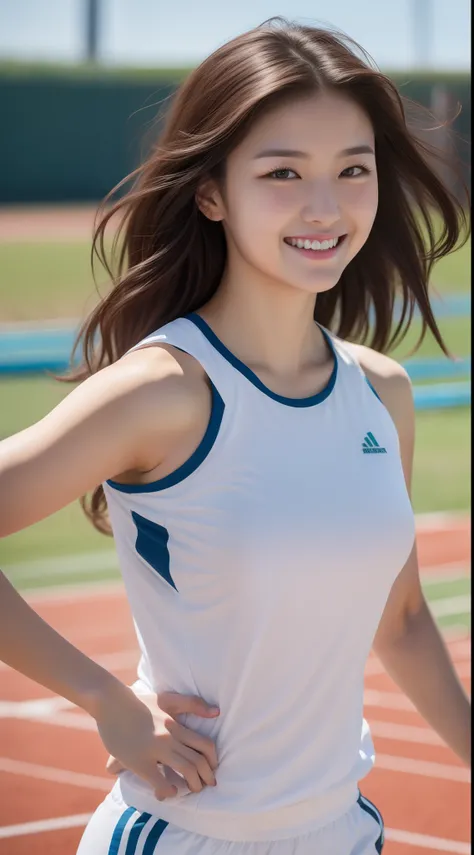 realistic photos of (1 cute Korean star) shoulder-length hair, white skin, thin makeup, 32 inch breasts size, slightly smile, wearing track suit, on the running track, upper body portrait, f/1.8, 35mm, Nikon, Monet, UHD