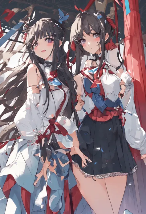 masterpiece, best quality, in spring, 2girls, absurdly long hair, black hair, heterochromia blue red, seductive smile, serafuku, garter straps, shoes , hair_ornament, arms behind head,