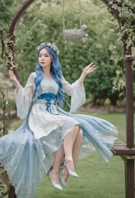 （in a panoramic view，Whole body diagram：1.5），（1 delicate girl playing on the swing），（Vine swing，Anime girl with blue hair and white dress with flower crown，palaces，hanfugirl），（Guviz-style artwork，Guvitz，inspired by Leng Mei，A beautiful fantasy queen，Inspir...