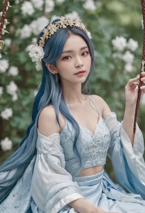 （in a panoramic view，Whole body diagram：1.5），（1 delicate girl playing on the swing），（Vine swing，Anime girl with blue hair and white dress with flower crown，palaces，hanfugirl），（Guviz-style artwork，Guvitz，inspired by Leng Mei，A beautiful fantasy queen，Inspir...