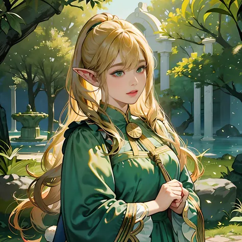 Women in Their 20s, offcial art, unity 8k wall paper, ultra-detailliert, beautifly、Aesthetic, ​masterpiece, top-quality, Photorealsitic, Female Elf、Dark green eyes、Long Blonde Hair、poneyTail、Pointed ears、Dark green costume、Light green blouse、Gold brooch、go...